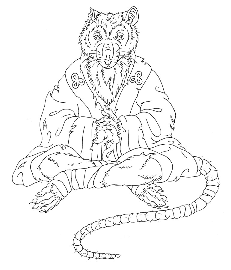 Крыса в кимоно сидит в позе лотоса