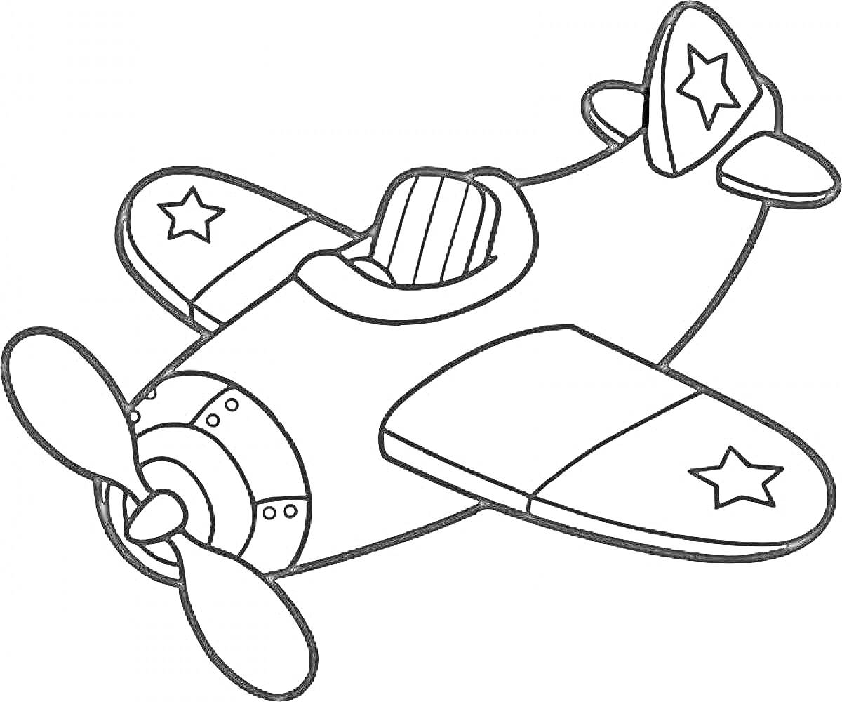 На раскраске изображено: Самолёт, Пропеллер, Звёздочки, Крылья, Хвост, Летательный аппарат, Контур, Мальчик