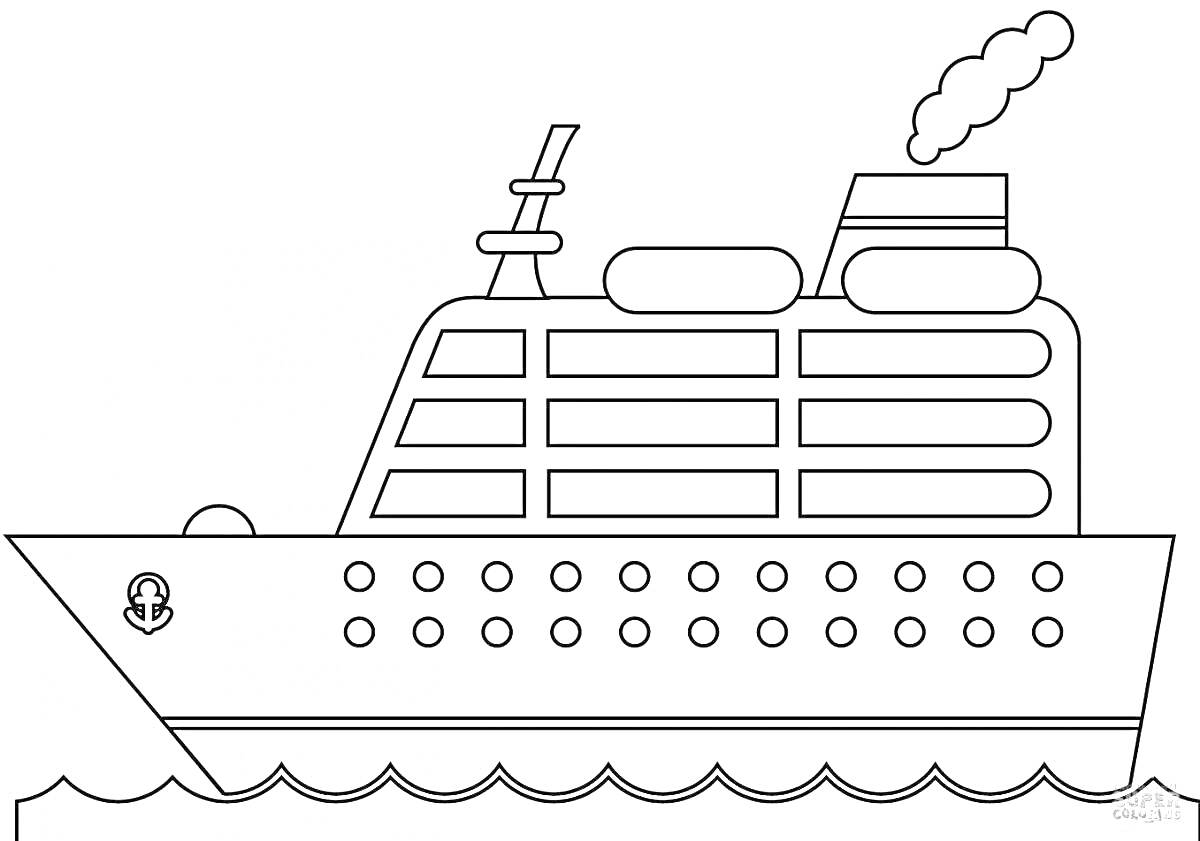 На раскраске изображено: Корабль, Для детей, 5 лет, 6 лет, Пароход, Море, Волны, Труба, Окна, Творчество