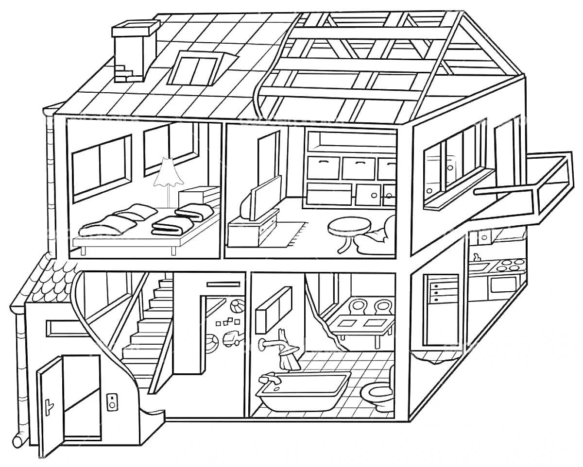 Раскраска Двухэтажный дом с открытой крышей, включающий спальню с кроватями и лампой, гостиную с телевизором и диваном, столовую с круглым столом и стульями, ванную комнату с ванной, раковиной и унитазом, лестницу, кухню с кухонными шкафами и посудной раковиной