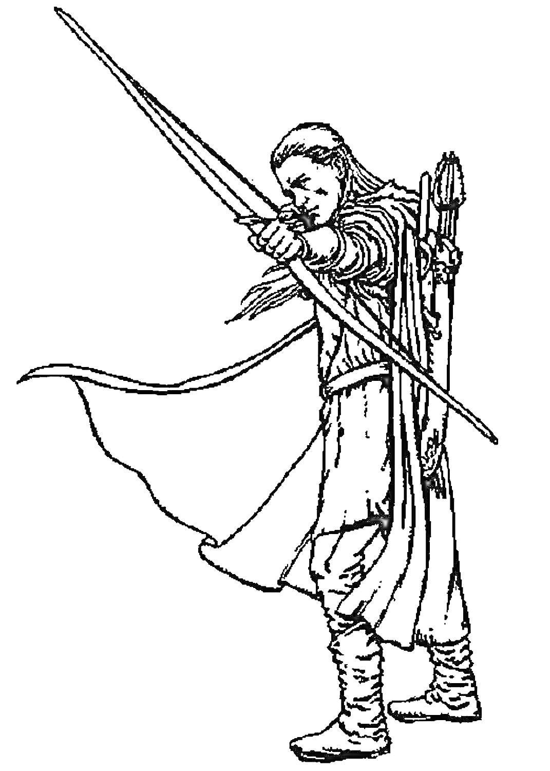 Раскраска Лучник с натянутым луком, длинные волосы, плащ, колчан со стрелами