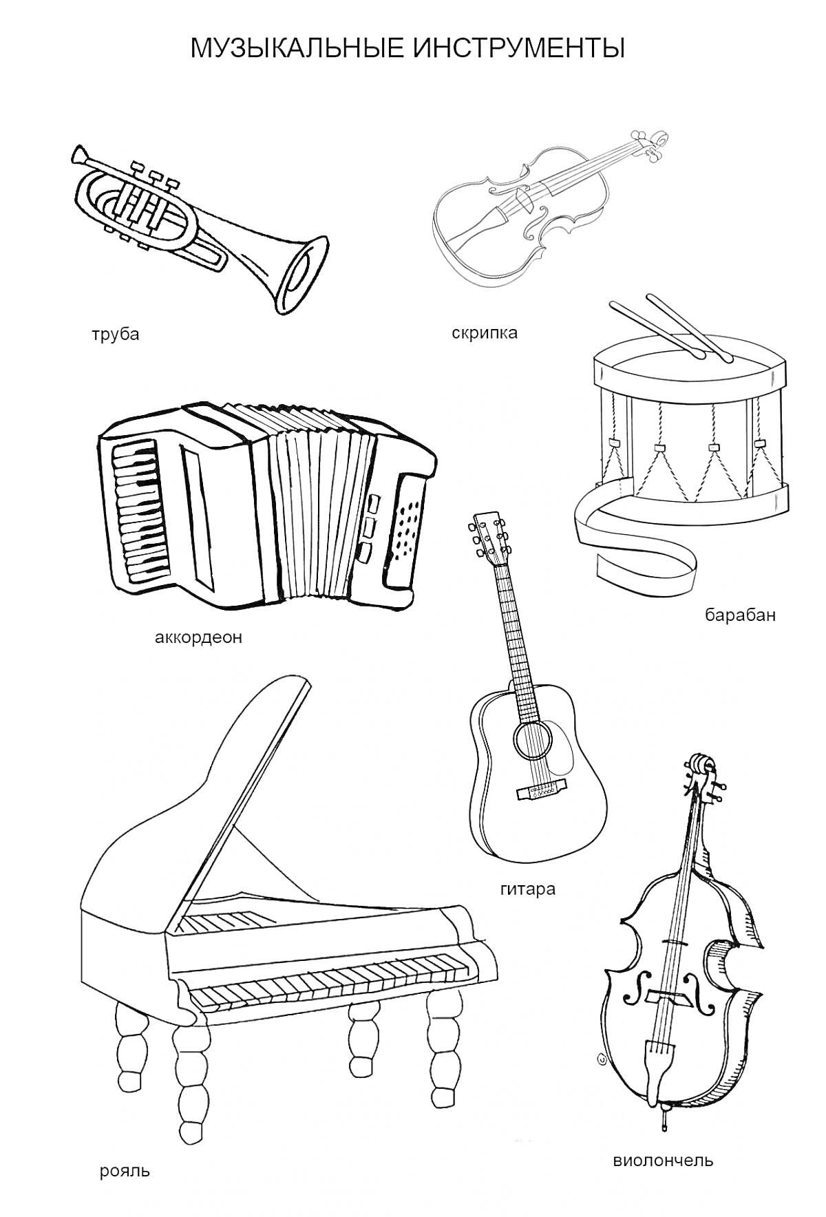На раскраске изображено: Музыкальные инструменты, Труба, Скрипка, Барабан, Аккордеон, Гитара, Рояль, Виолончель, Музыка, Для детей