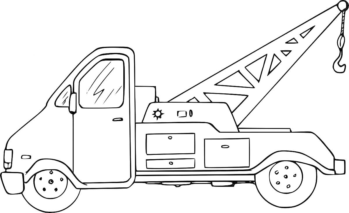 Раскраска Эвакуатор с крановой стрелой и крюком, двери открыты, запасные колеса и утилитарные отсеки на кузове