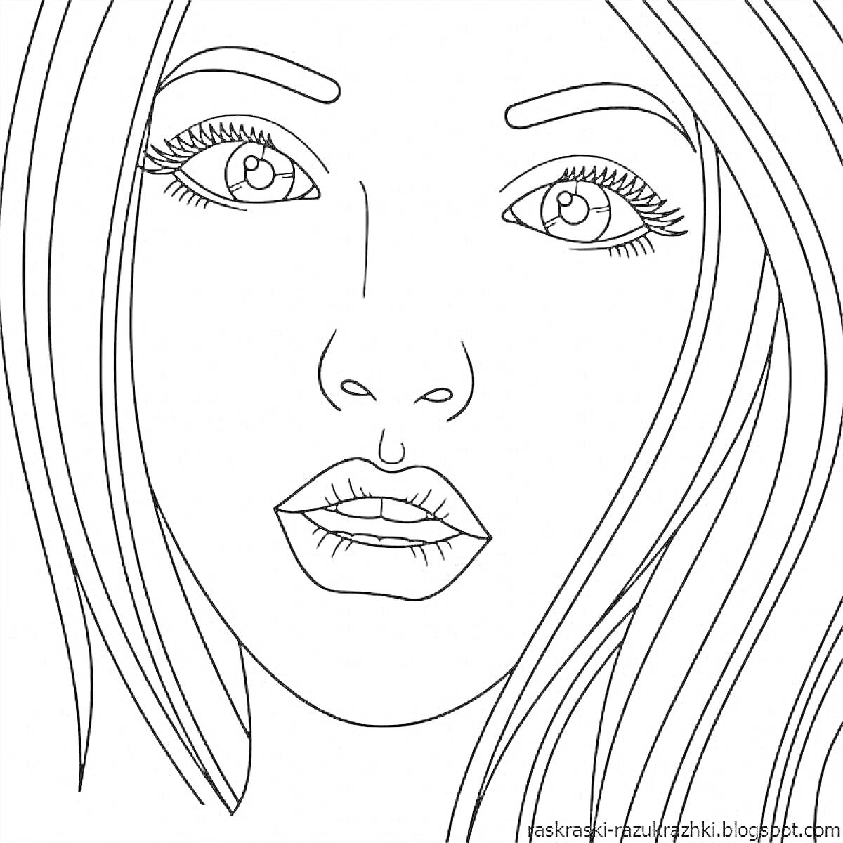 Раскраска Лицо девушки с длинными волосами, крупными глазами с длинными ресницами и пухлыми губами.