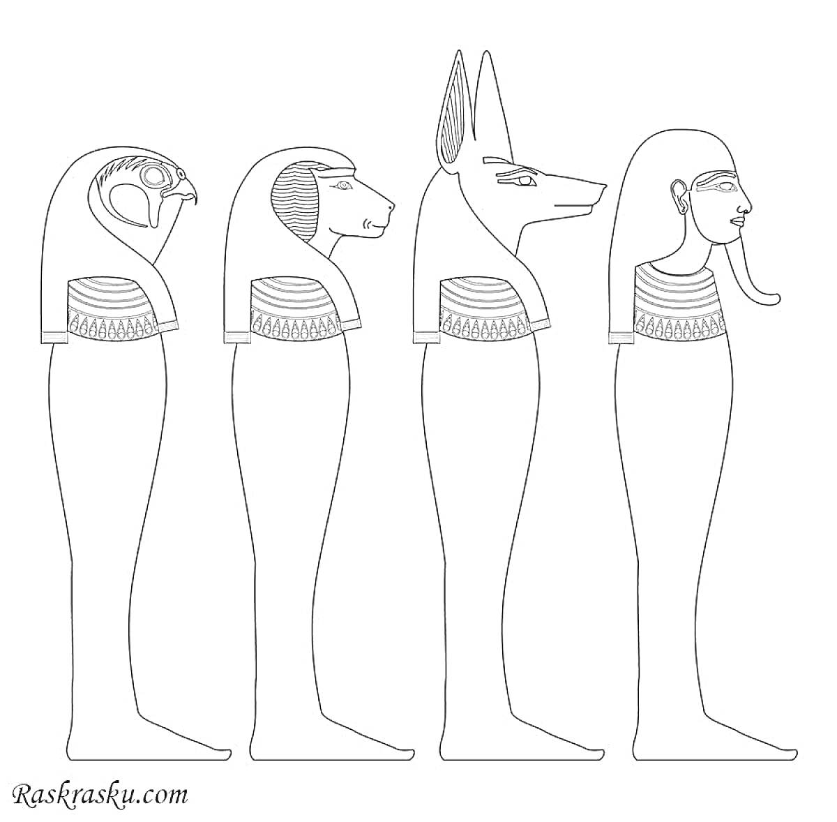 На раскраске изображено: Древний Египет, Сокол, Человек, Шакал, Египетское искусство