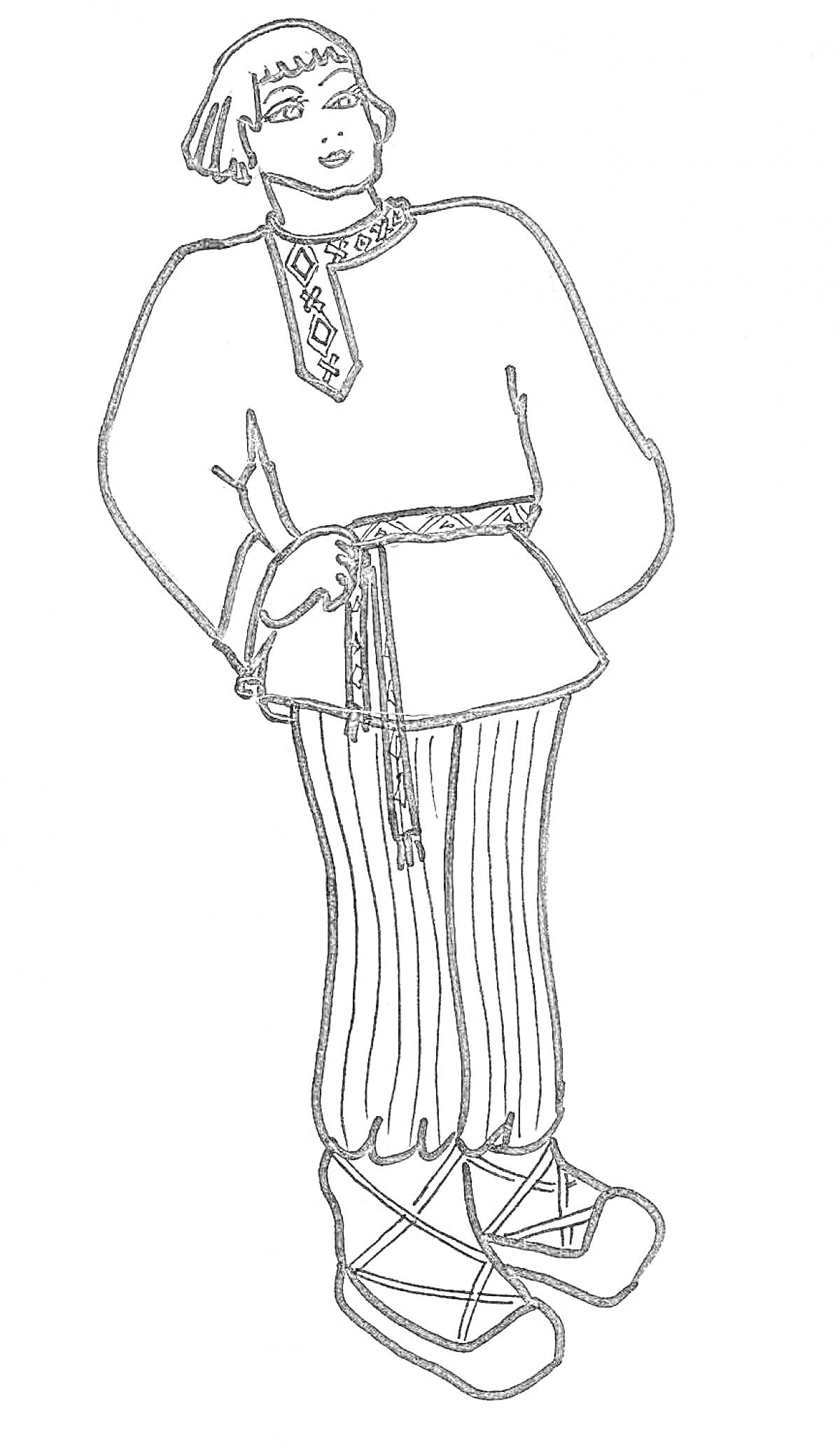 Мужской русский народный костюм. На изображении: рубаха с вышивкой, пояс, шаровары, лапти с обмотками.