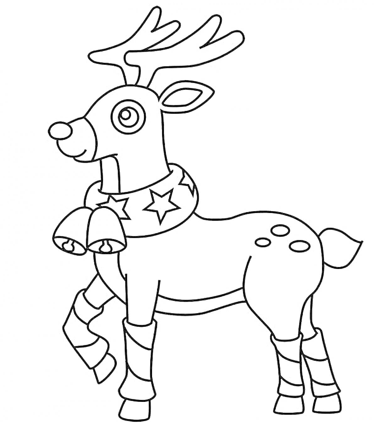 Раскраска новогодний олень с колокольчиками и звёздами на шарфе