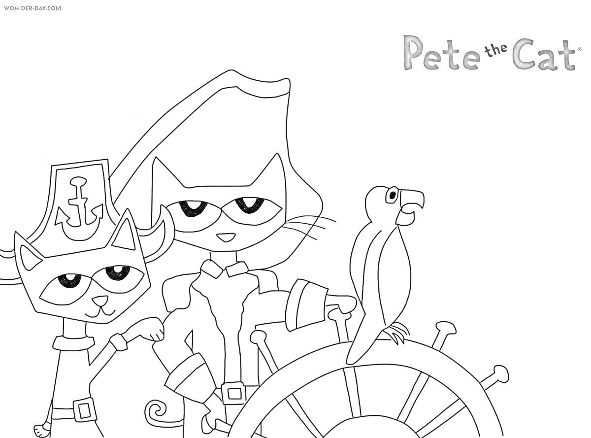 На раскраске изображено: Кот, Штурвал, Корабль, Пиратская шляпа