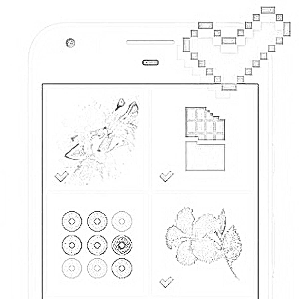 Раскраска Раскраска с пиксельной темой на смартфоне с изображениями лисы, подготовленного блока, шести колец и листьев