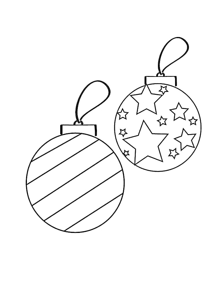 Раскраска Два новогодних шарика — один с диагональными полосками, другой с узором из звезд