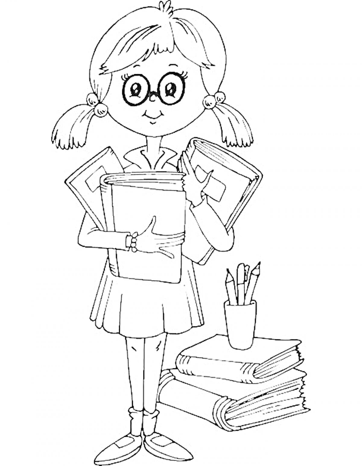Девочка в очках с книгами и тетрадями, карандашница с карандашами, стопка книг