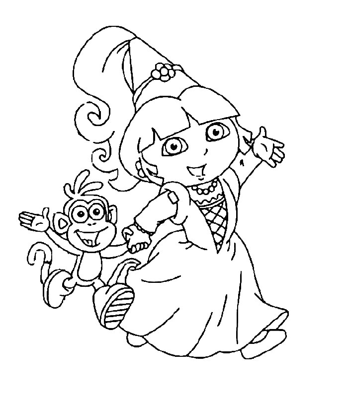 Раскраска Даша в праздничном костюме и обезьянка Башмачок
