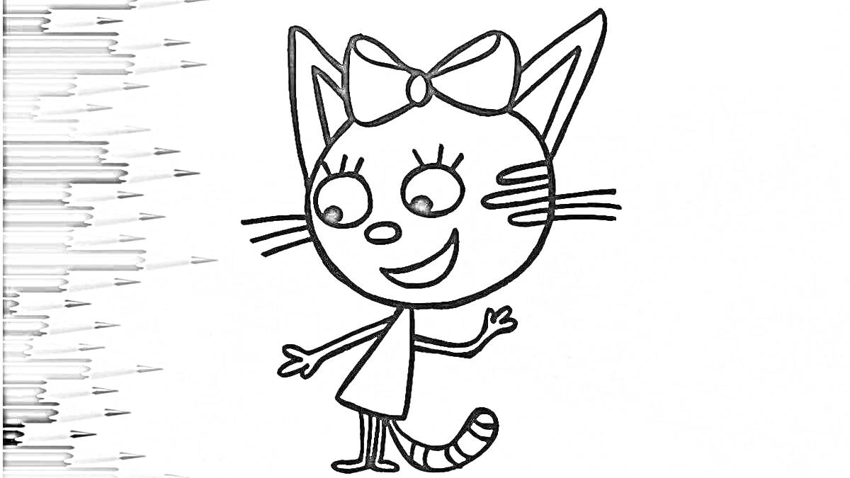 Раскраска Кошечка с бантиком на голове, стоящая в платье с хвостиком