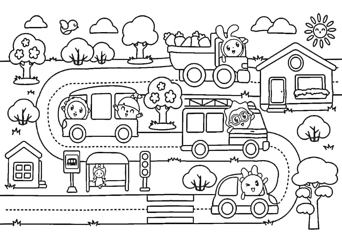 Раскраска малышарики игра с транспортом на дороге, автобусная остановка, светофор, деревья, дом, солнце, облака, кусты