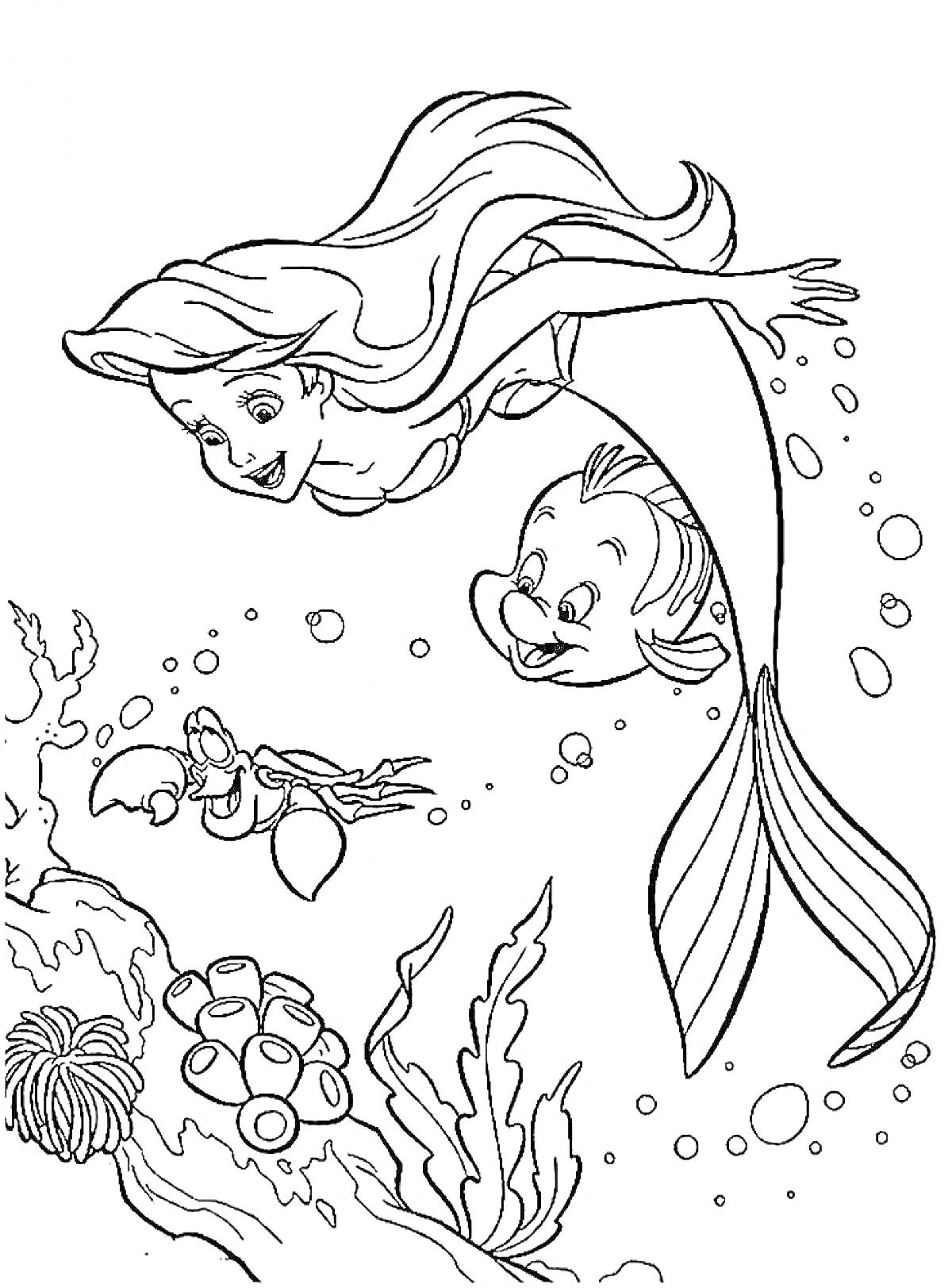 Раскраска Ариэль русалочка с другом плавником, краб под водой, морские растения и кораллы