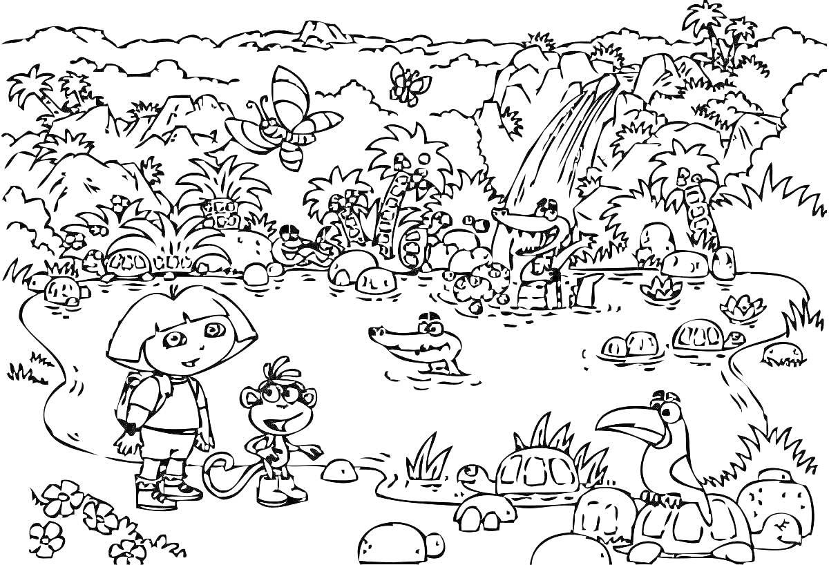 Раскраска Раскраска с животными около водопада в джунглях (обезьяна, крокодил, попугай, лягушки, черепахи, бабочка)