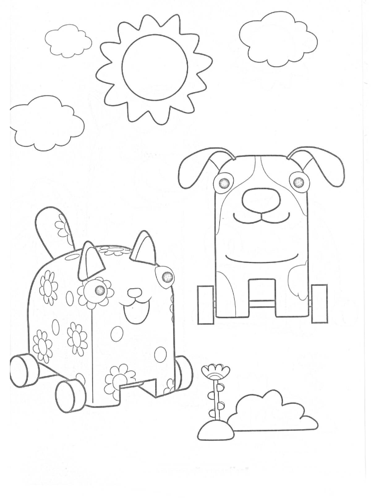 На раскраске изображено: Собака, Деревяшки, Цветы, Солнце, Облака, Кот