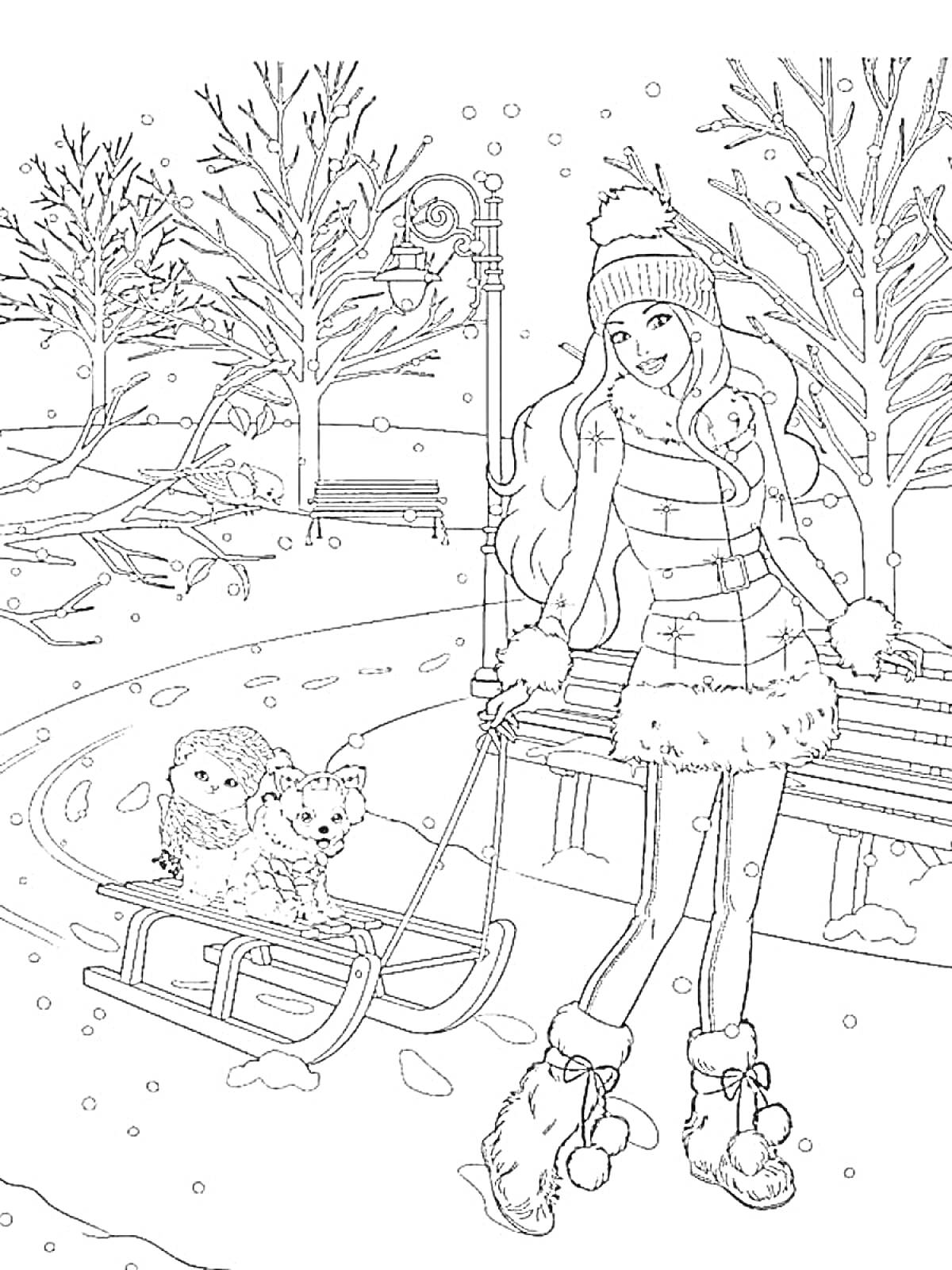 РаскраскаБарби в зимней одежде с шапкой, катящая санки с двумя собаками в зимнем парке с деревьями и скамейкой, снег