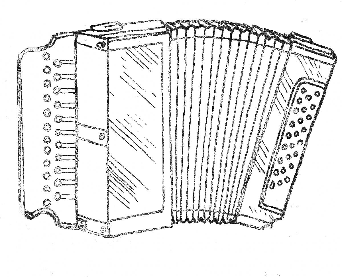 На раскраске изображено: Гармонь, Кнопки, Мехи, Музыкальные инструменты