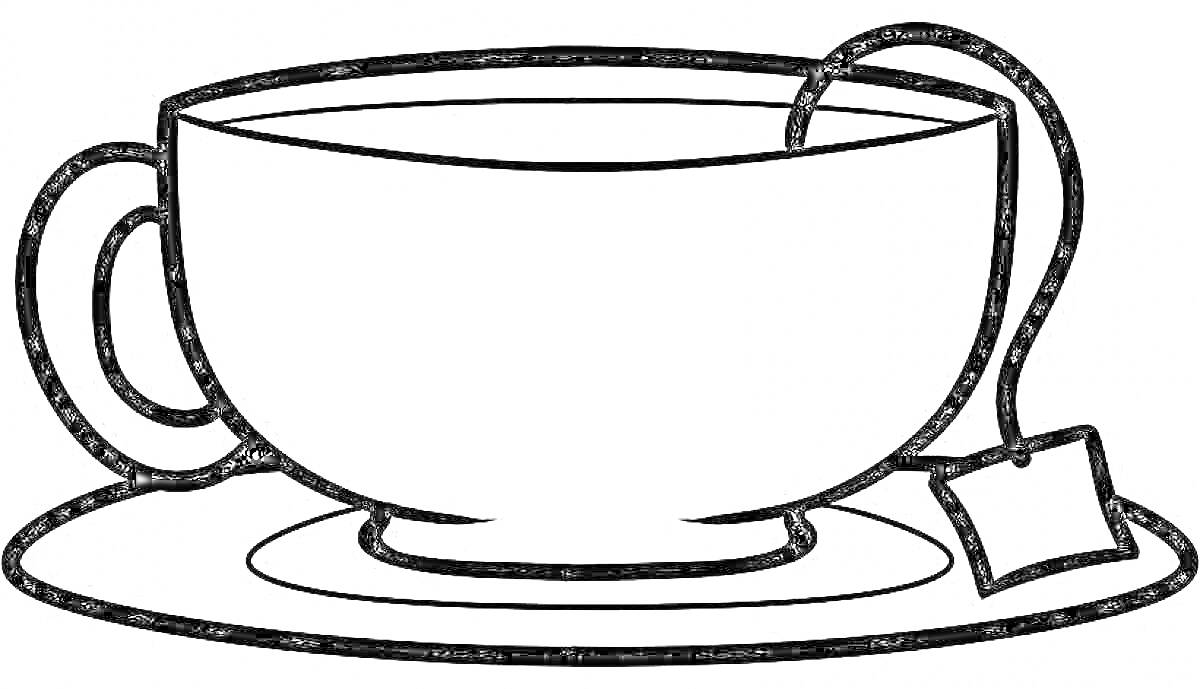 Раскраска Чашка на блюдце с чайным пакетиком