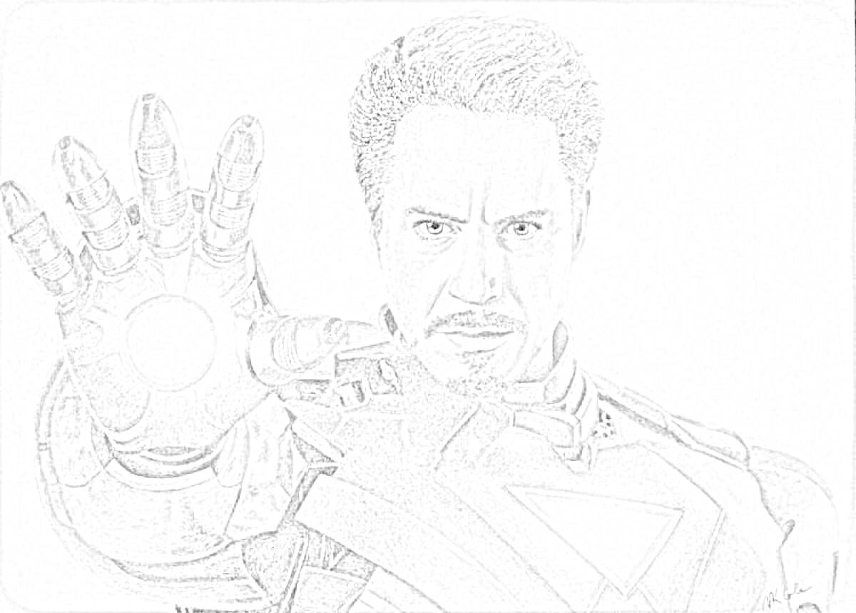 На раскраске изображено: Тони Старк, Железный Человек, Костюм, Энергия, Комиксы