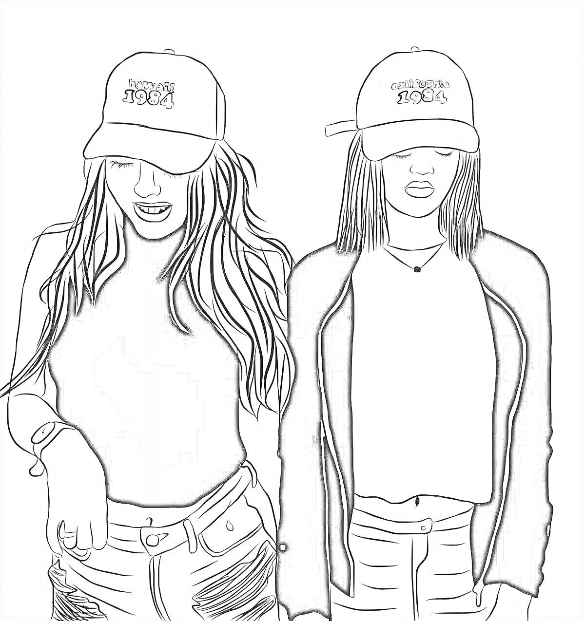 Раскраска Девушки в кепках 
