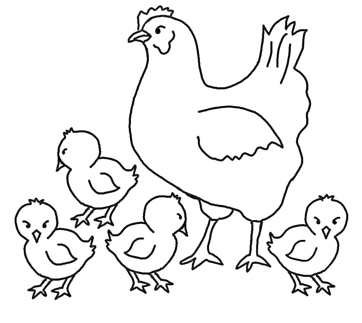 Раскраска Курица с четырьмя цыплятами