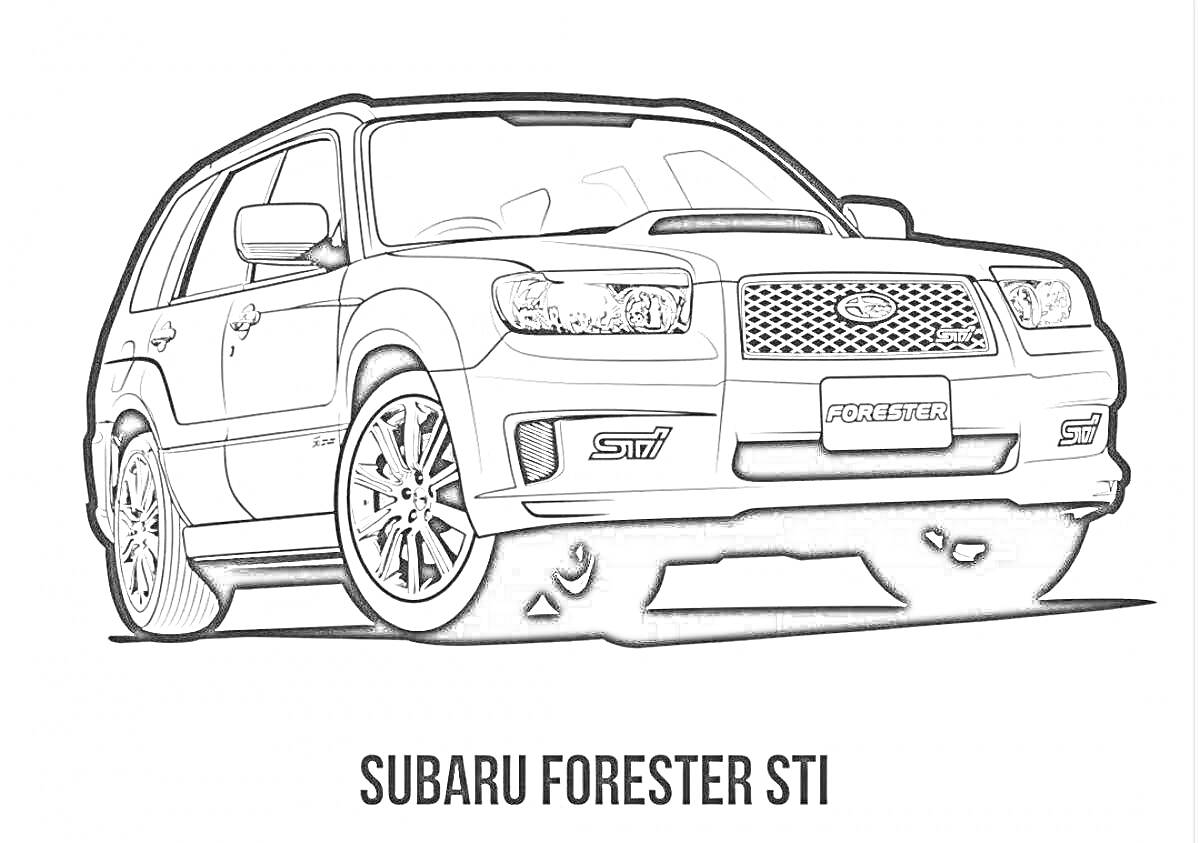 Раскраска Subaru Forester STI, автомобиль, передняя часть, колеса, боковые зеркала, решетка радиатора, фары, логотип, надпись FORSTER