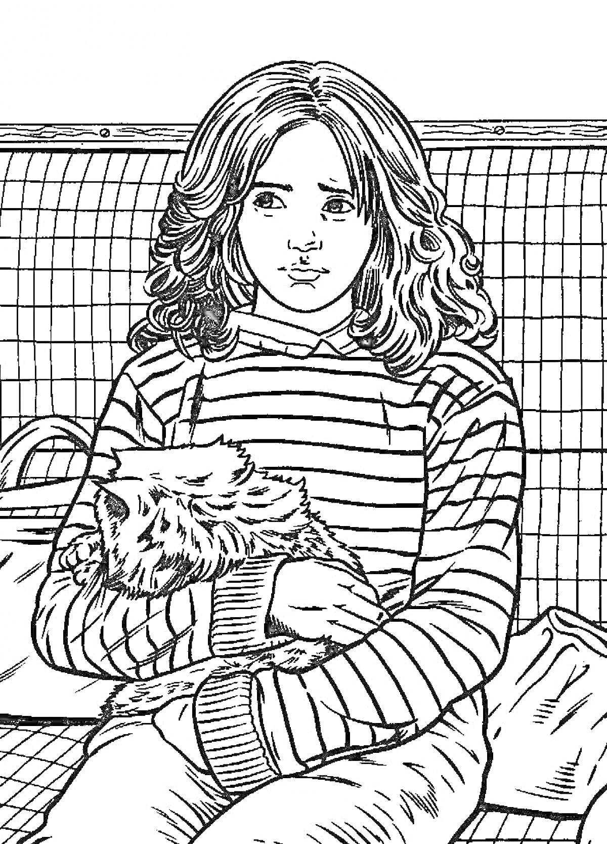  Девочка в полосатом свитере с кошкой в руках на скамейке