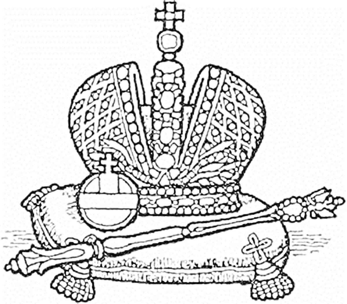 На раскраске изображено: Корона, Подушка, Держава, Скипетр, Исторический артефакт, Россия