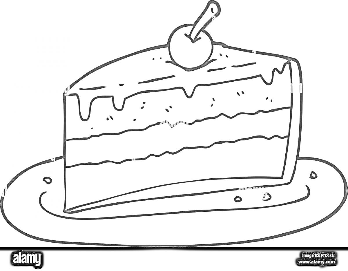 На раскраске изображено: Торт, Кусок, Шоколад, Глазурь, Тарелка, Лакомство