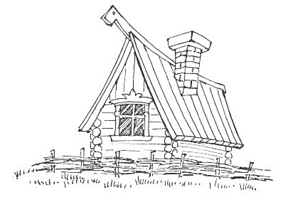 Раскраска Русская изба с окнами, забором и трубой