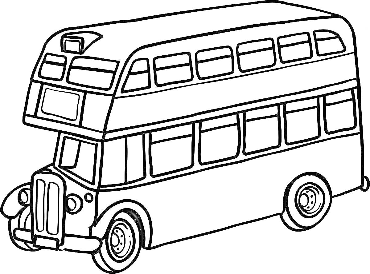 На раскраске изображено: Автобус, Транспорт, Большие колеса, Для детей, Двухэтажный дом