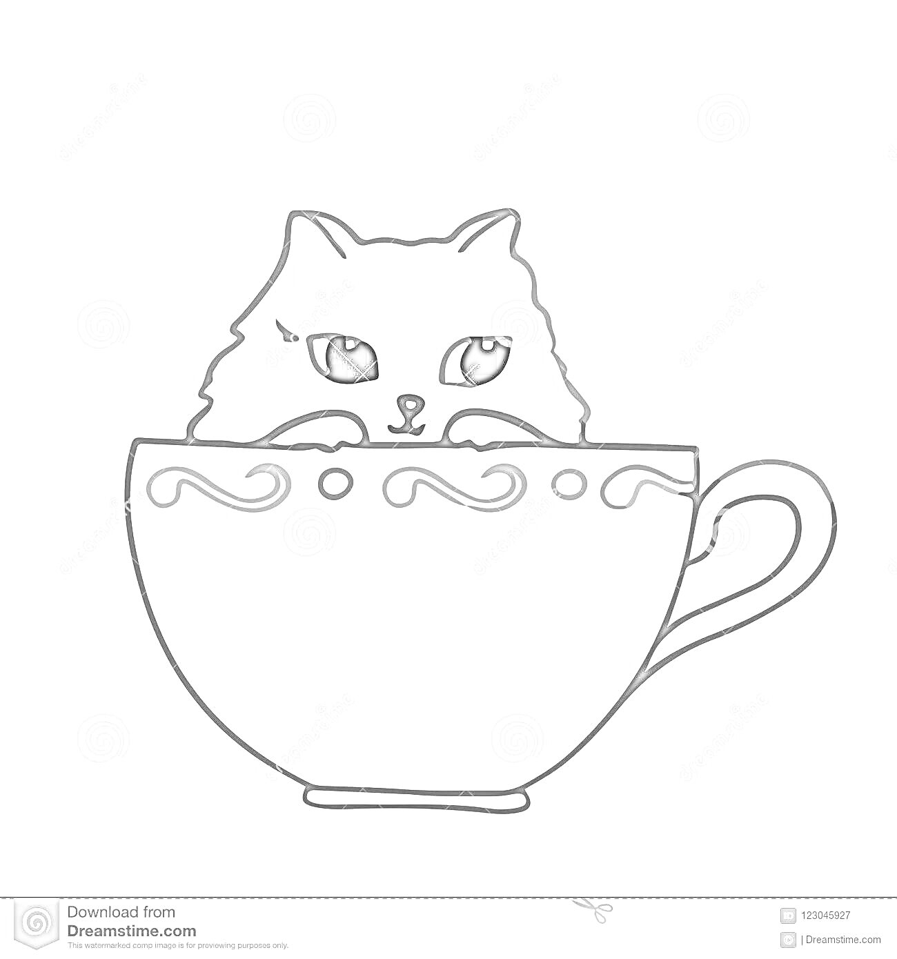 Раскраска котик в чашке с узором