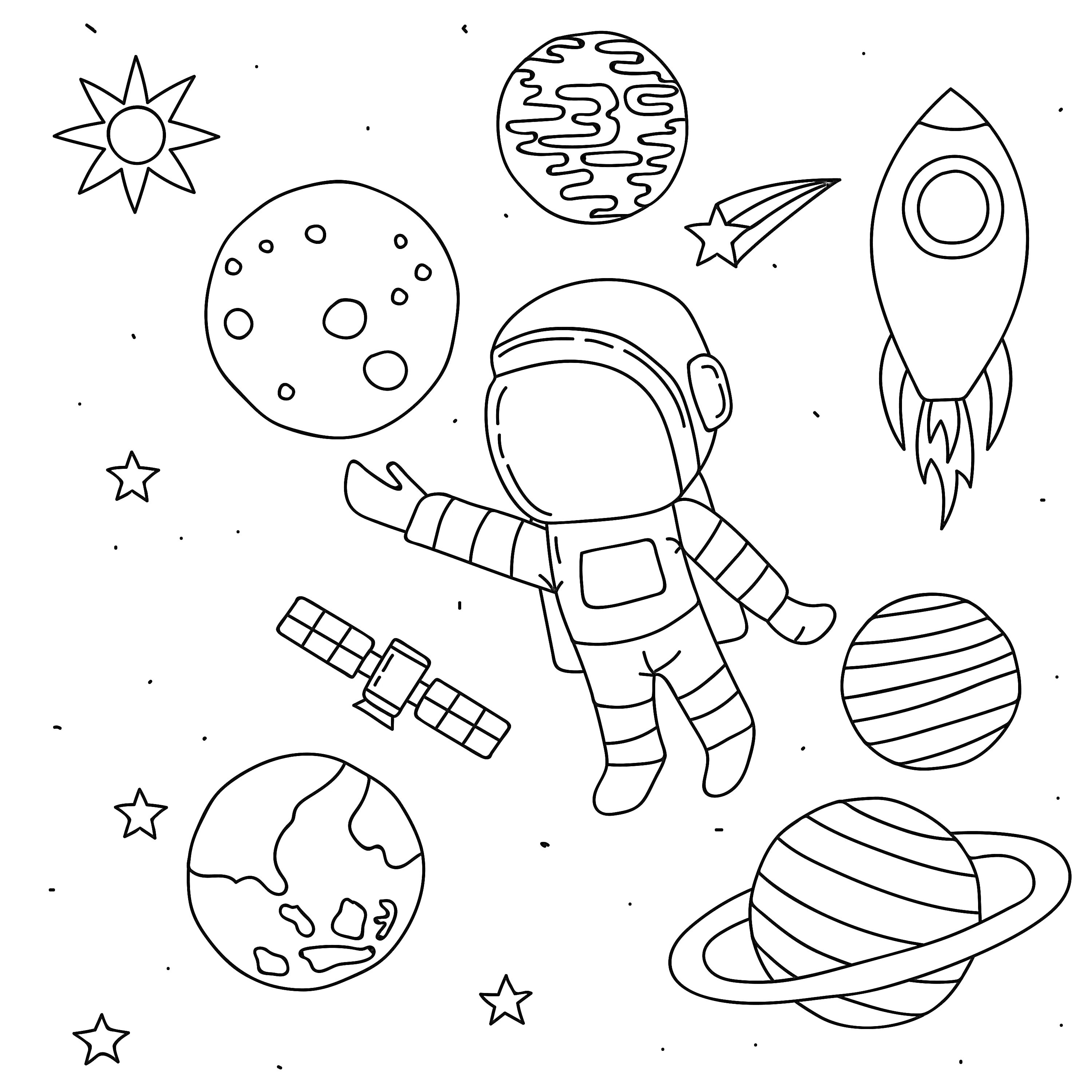 На раскраске изображено: Космос, Животные, Ракета, Планеты, Комета, Звезды, Солнце