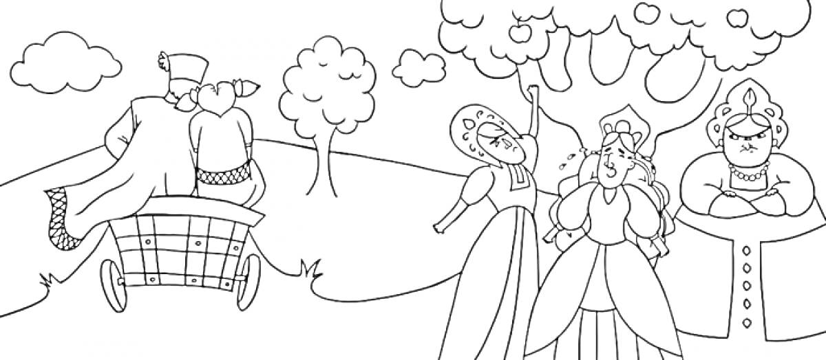 Раскраска Пейзаж с людьми - телега, деревья, три женщины и один мужчина
