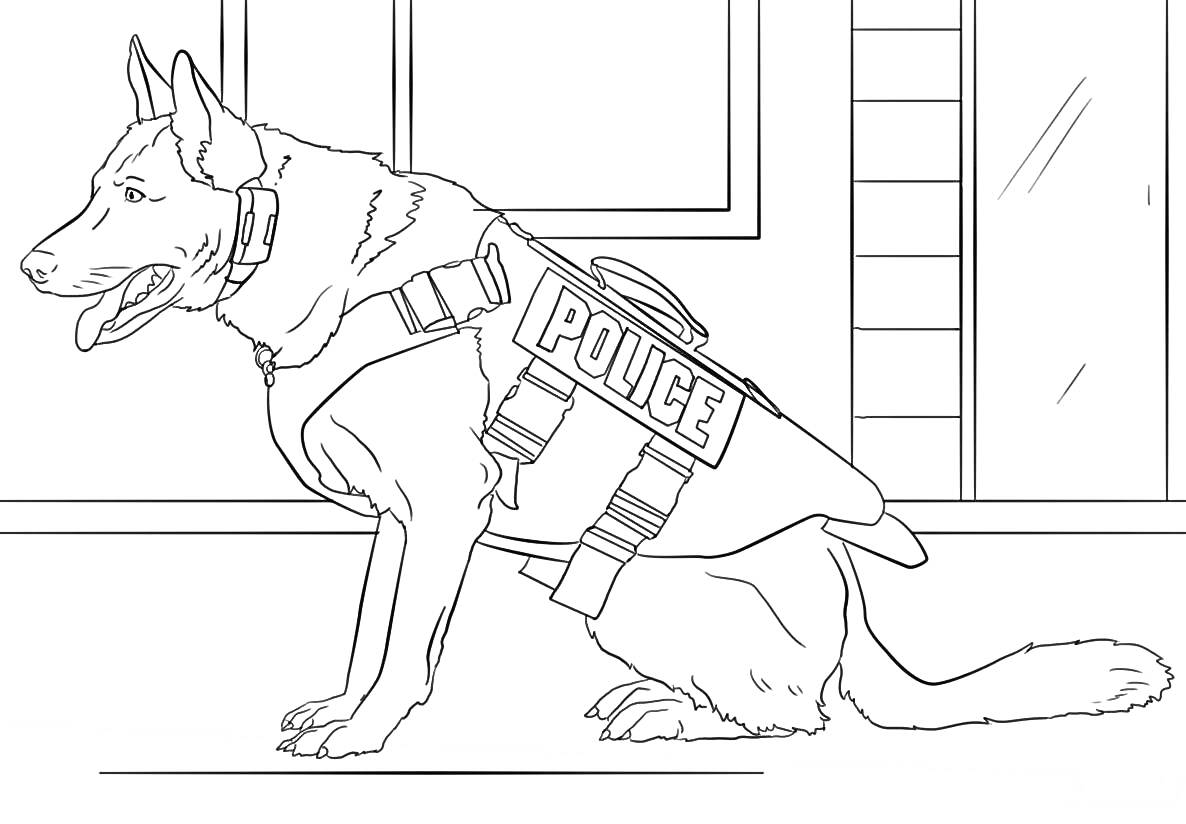 Раскраска Полицейская собака в жилете с надписью 