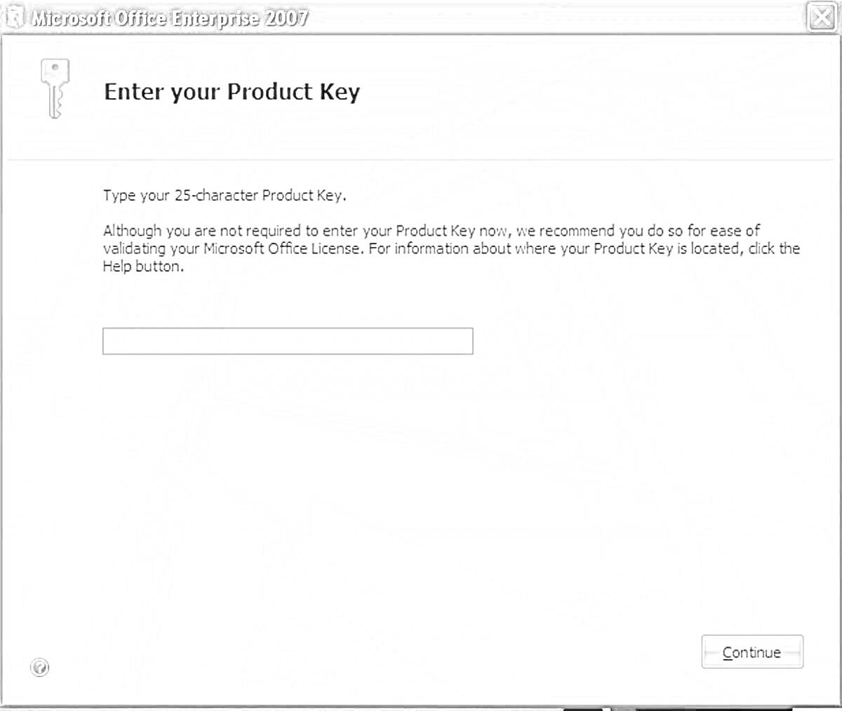 Окно ввода лицензионного ключа для Microsoft Office Enterprise 2007
