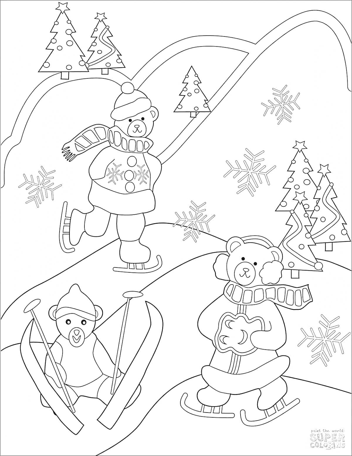На раскраске изображено: Лыжи, Зима, Горы, Снег, Ёлки, Семейный отдых, Спорт, Снегопад