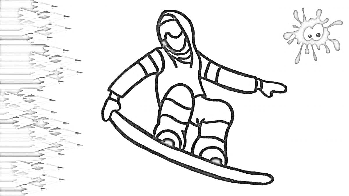 На раскраске изображено: Сноуборд, Очки, Зима, Спорт, Узоры, Прыжки, Шлемы