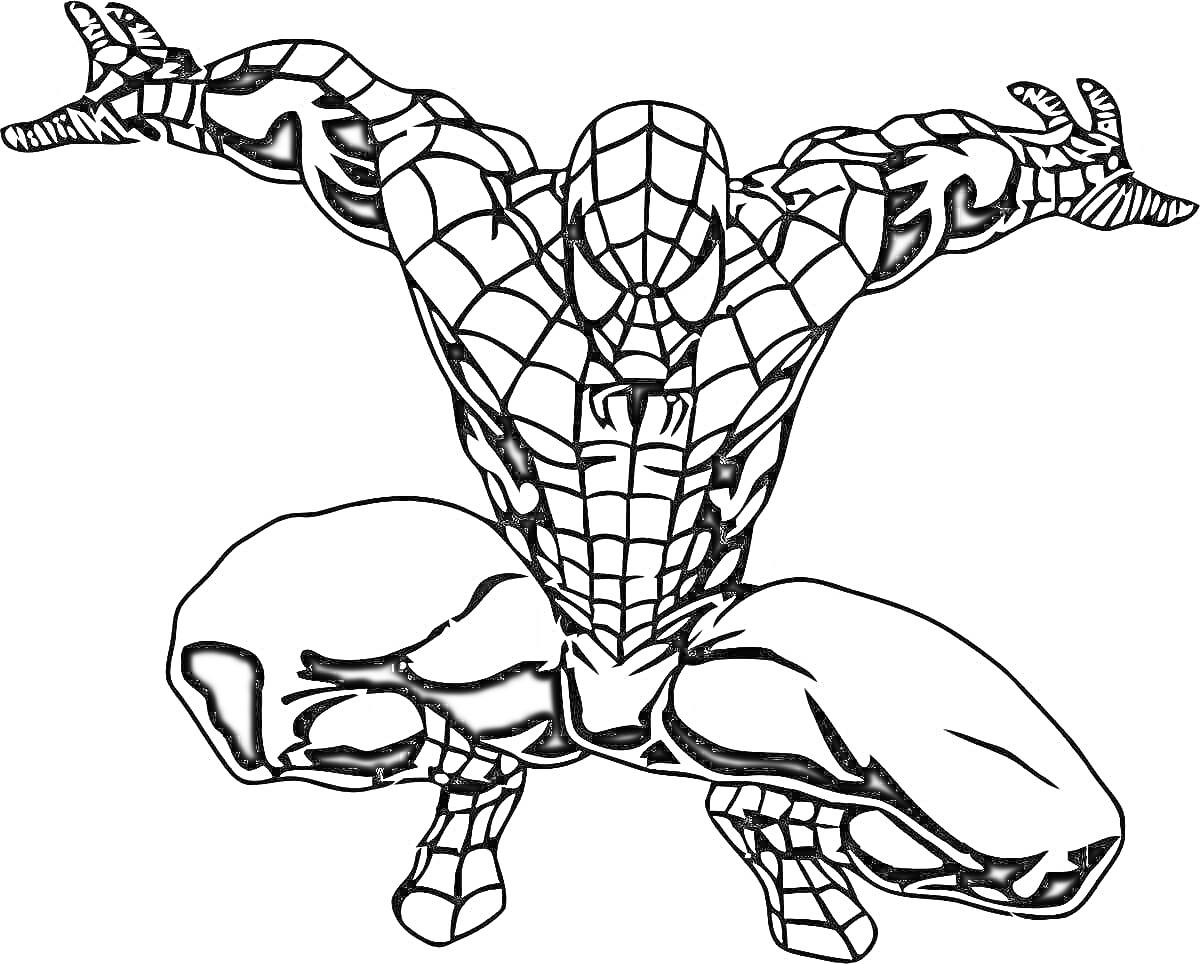 Раскраска Человек-паук в классическом костюме в позе приземления с вытянутыми руками