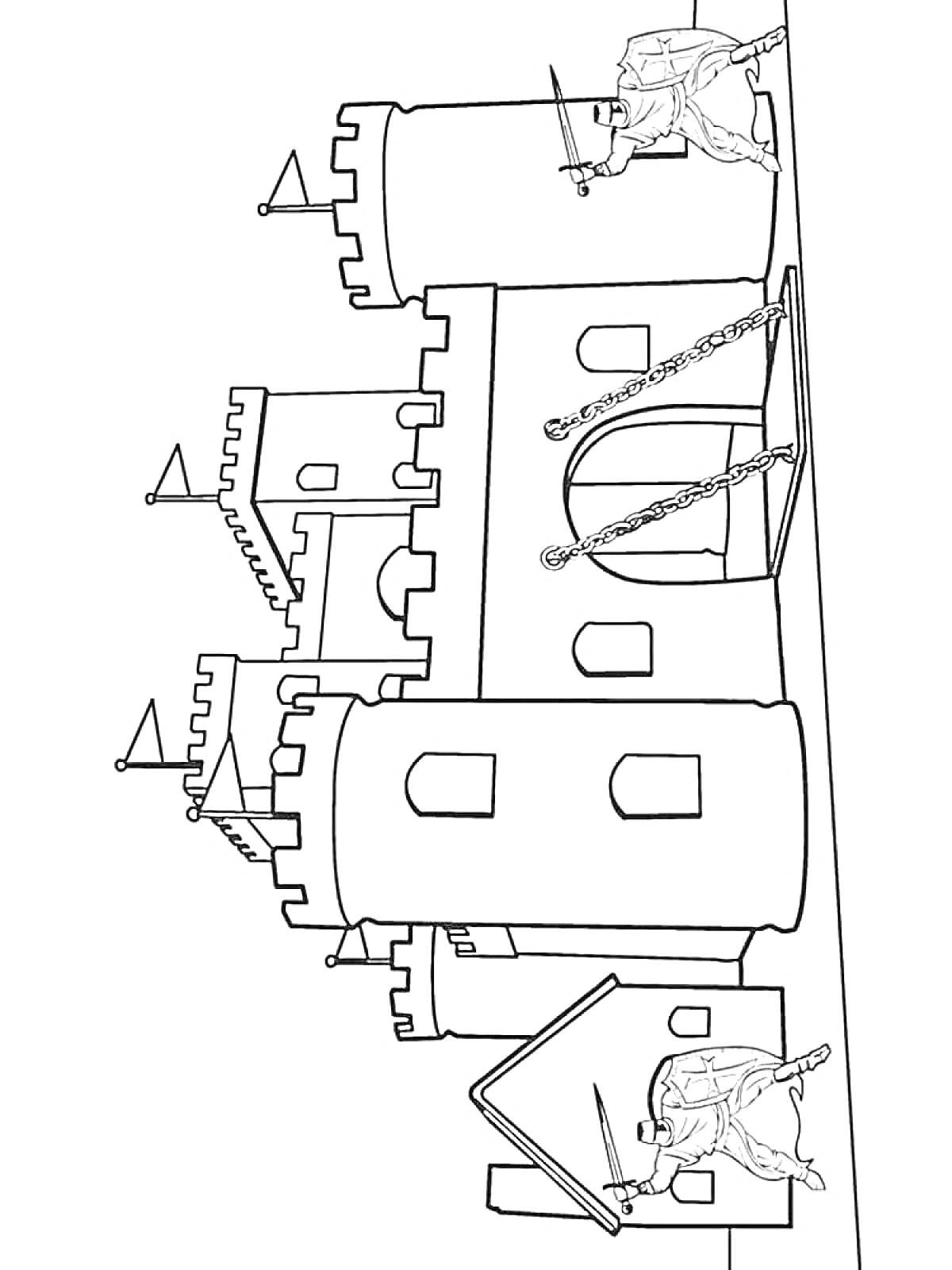 На раскраске изображено: Замок, Рыцари, Мост, Крепость, Средневековье, Башни, Ворота, Флаг, Стена