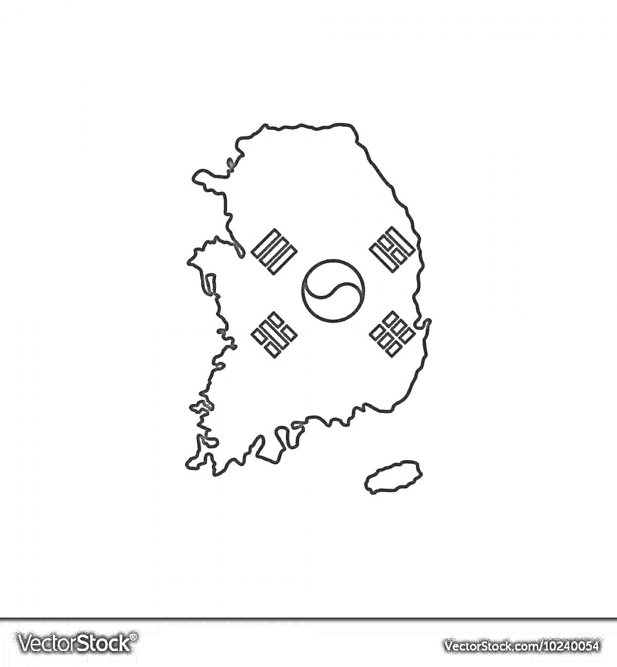 Раскраска Контур карты Южной Кореи с элементами государственного флага