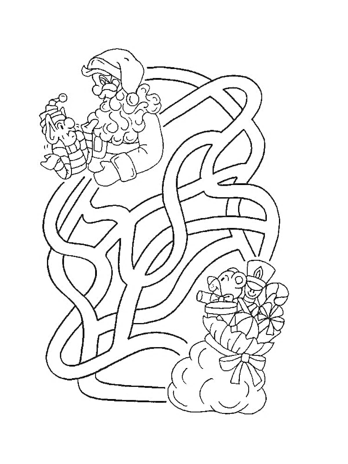 На раскраске изображено: Лабиринт, Новый год, Дед Мороз, Ребенок, Подарки, Снег, Зима
