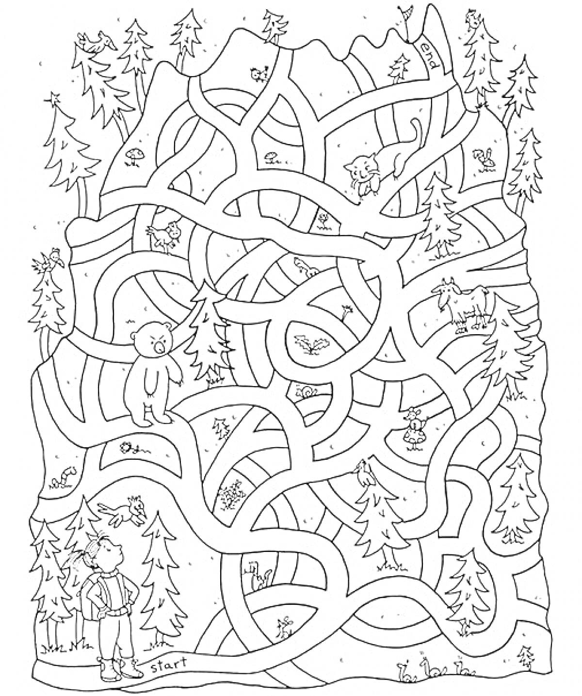 Раскраска Лабиринт с горными животными и деревьями