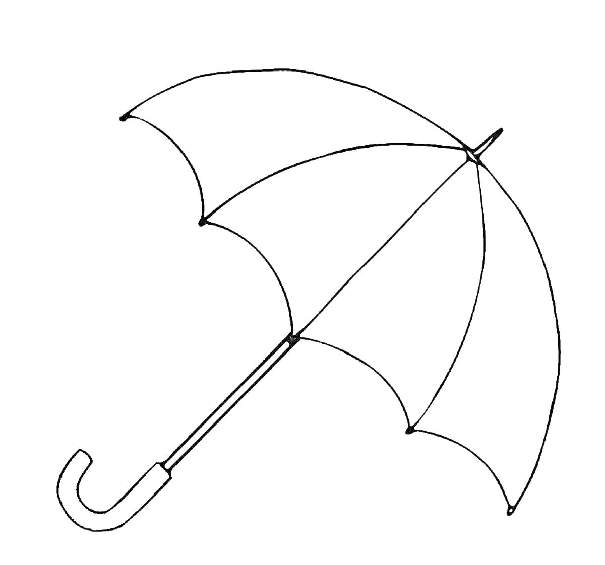 Раскраска Черно-белая раскраска зонтика с дугообразной ручкой и шестью сегментами