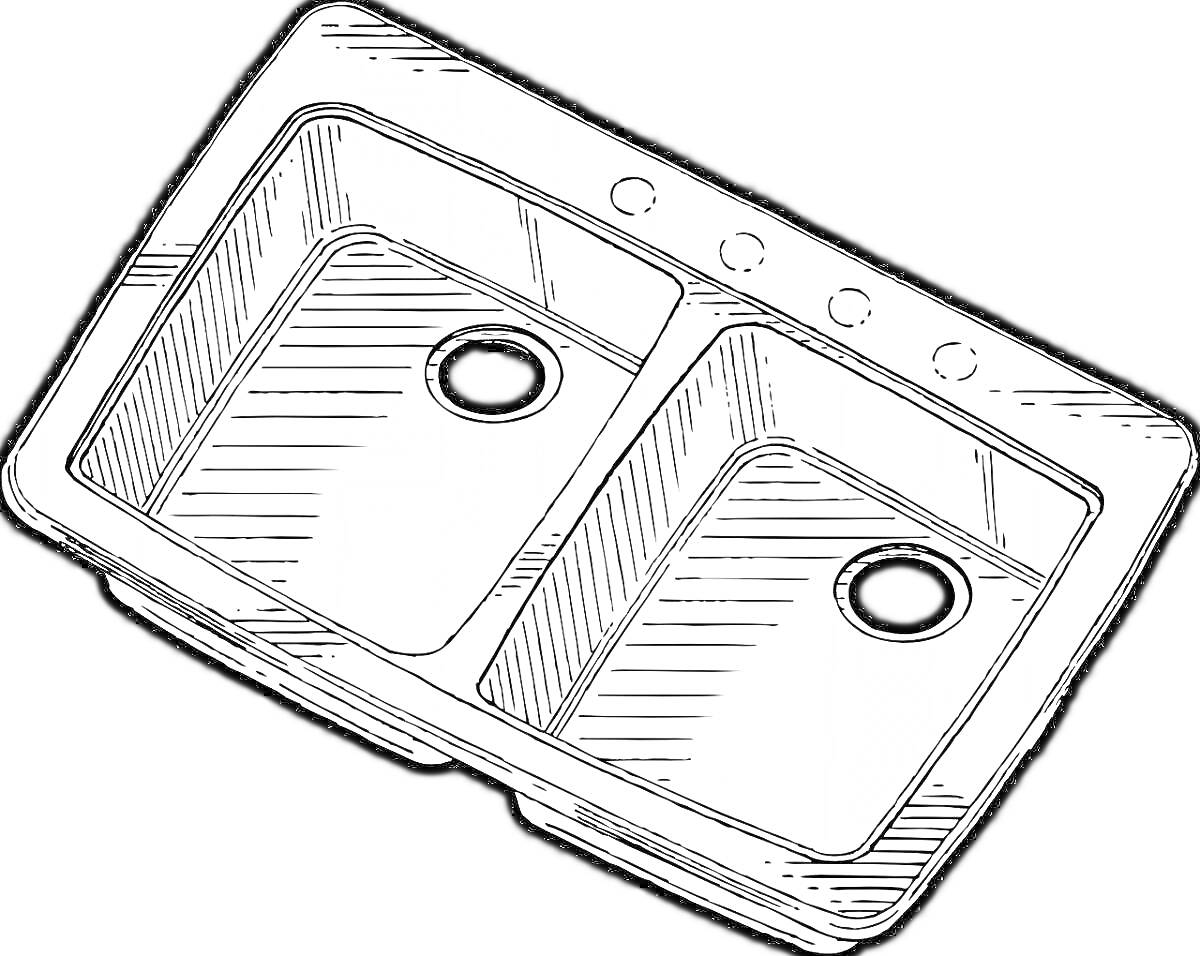 Раскраска Двойной кухонный умывальник с двумя отсеками и тремя отверстиями для смесителя