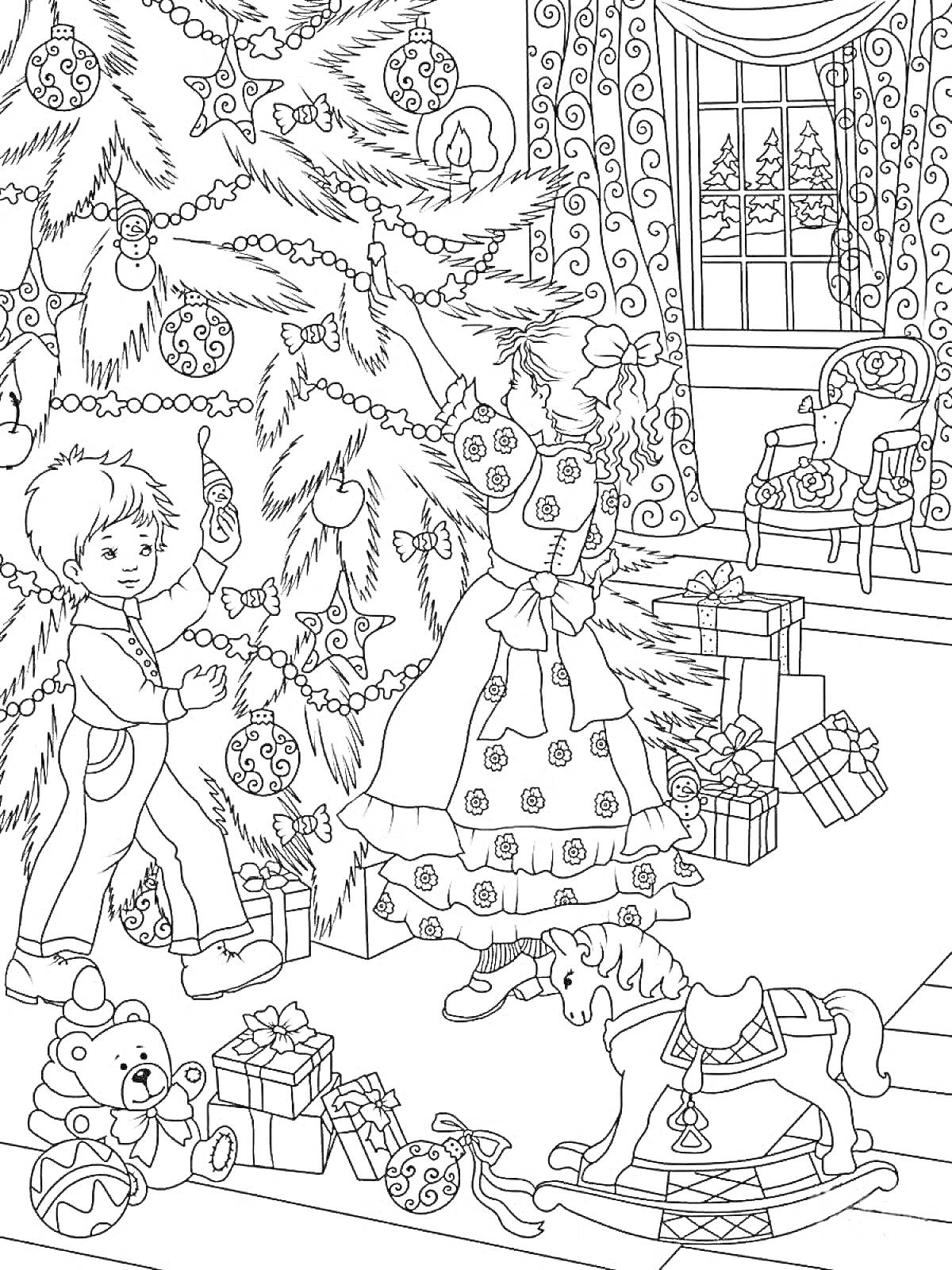 Раскраска Наряженная новогодняя елка с игрушками, дети в костюмах, украшения, подарки, окно с зимним пейзажем, кресло