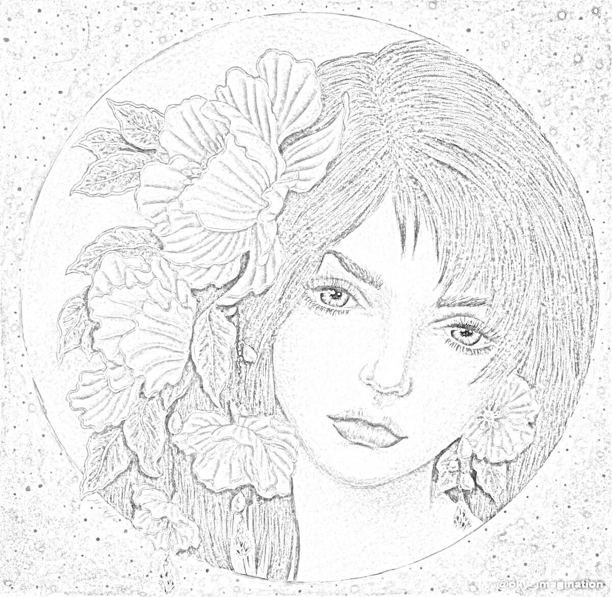 Раскраска Портрет девушки в круге с цветами в волосах