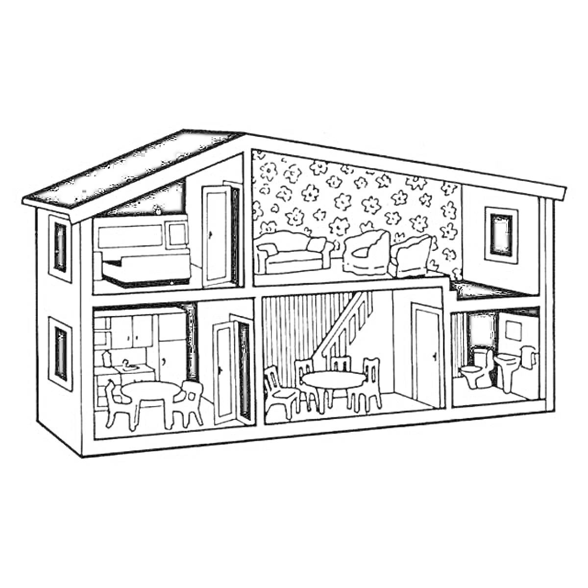 Кукольный домик с гостиной, спальней, кухней, столовой и ванной